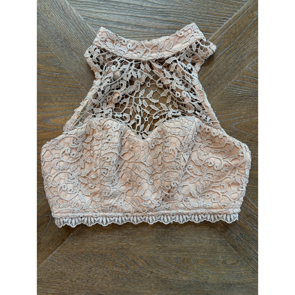 Sequin‎ Hearts Beige Glitter Metallic Crochet Sleeveless Halter Crop Top Size 1